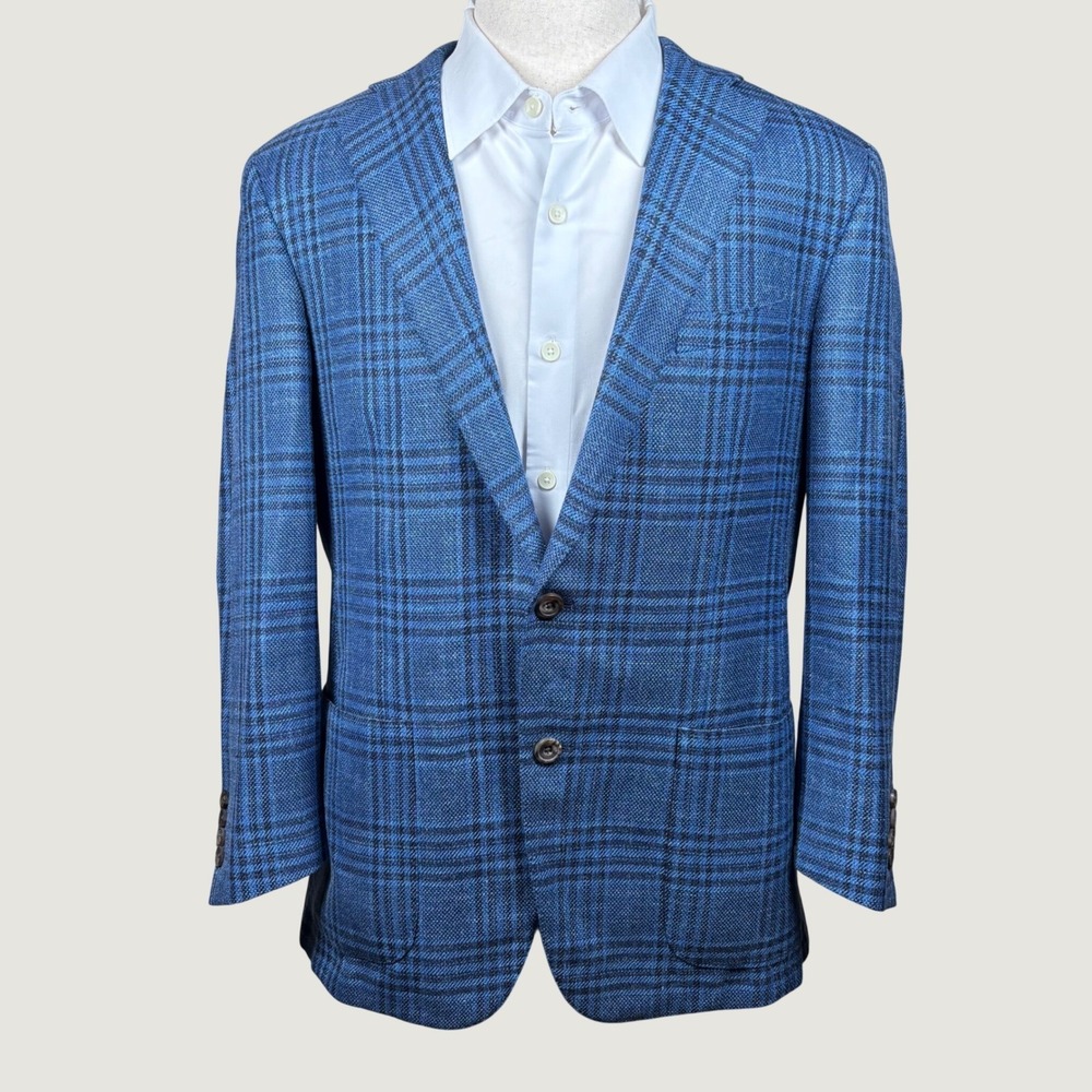 Samuelsohn Loro Piana Mens Sport Coat 42S Blue Plaid Wool Silk Linen Blazer